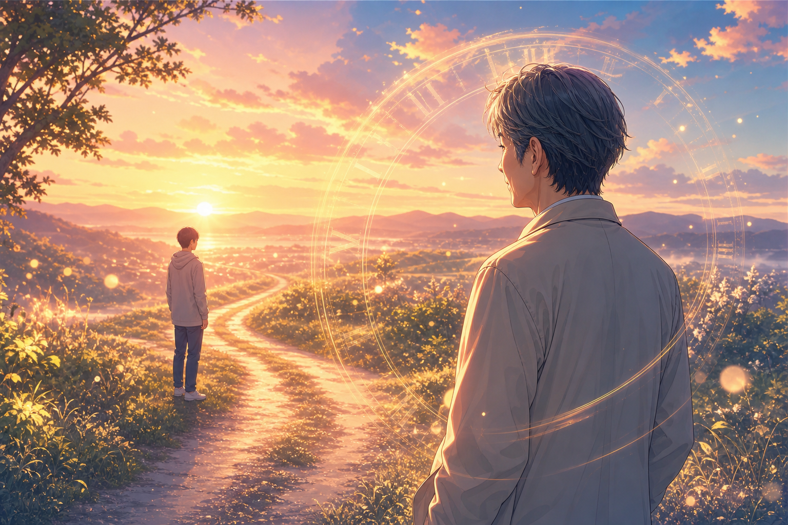 朝日の差す道で10年前の自分を見つめる時間シリーズのイメージ