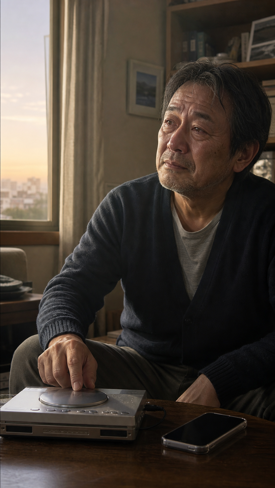 夕暮れの窓辺で音楽プレーヤーに手を添え、思い出に浸るアダチさんのイメージ