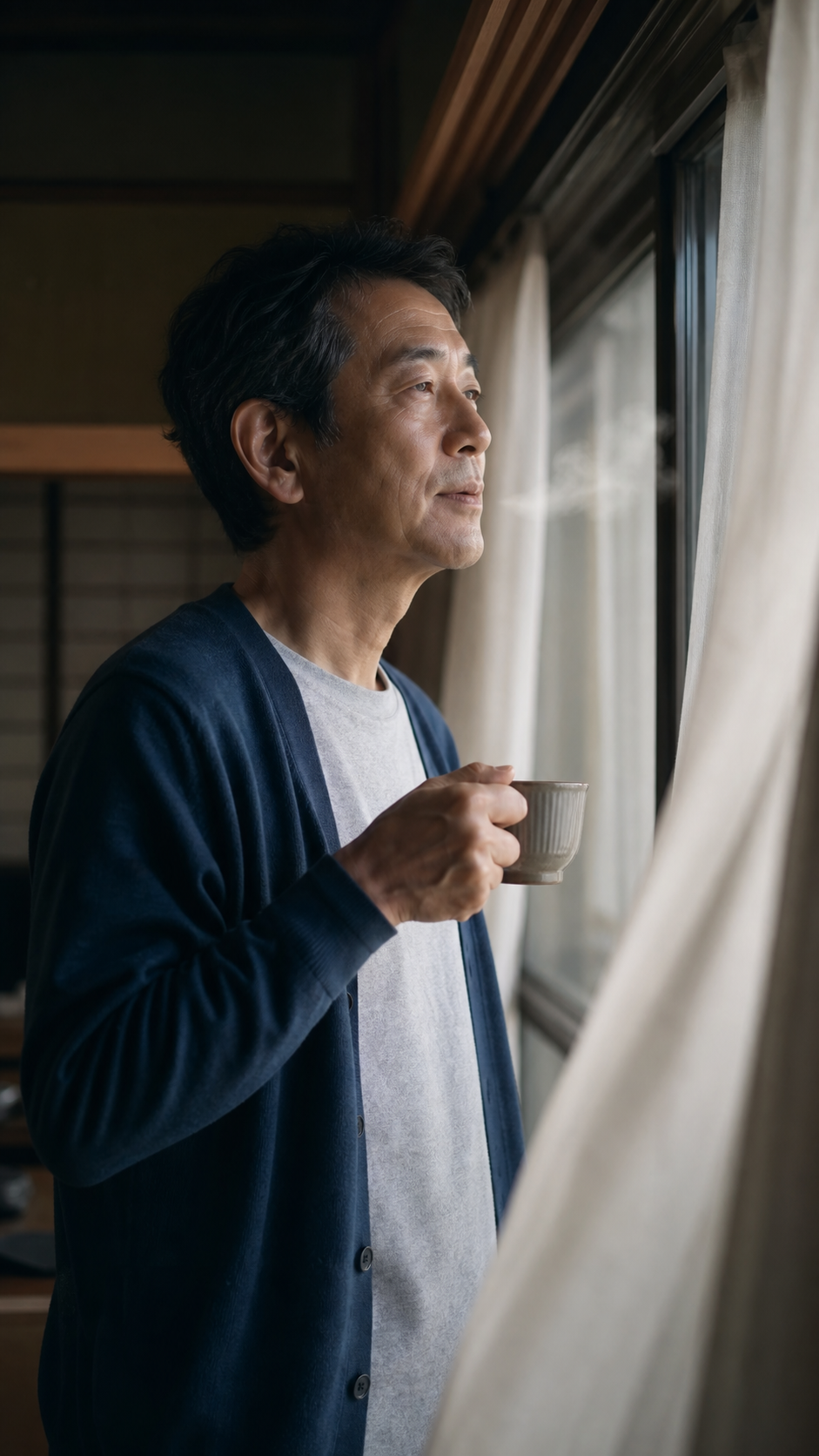 一人旅の宿の窓辺で、お茶を手に静かに外を眺めるアダチさんのイメージ